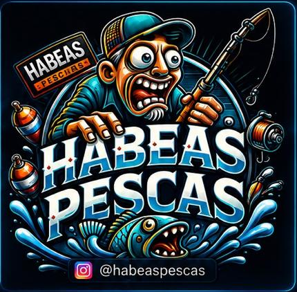 Arte do Habeas Pescas com pescador, vara de pesca, peixe e logo da comunidade